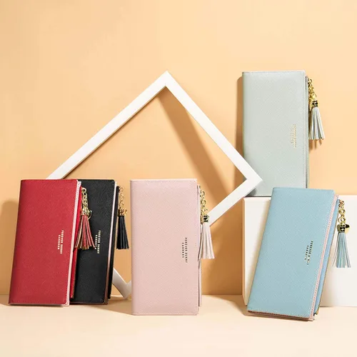 Miniatura 7 de SUMGOGO Cartera delgada para mujer con borla larga con cremallera y embrague monedero bolso tarjetero (rosa)