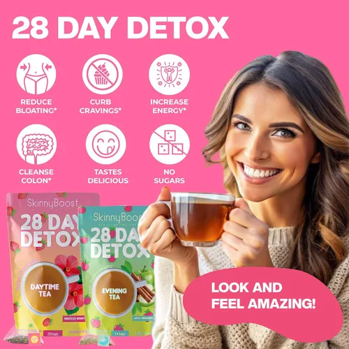 Miniatura 7 de SkinnyBoost - Kit de té desintoxicante de 2 paquetes – 1 de día HIBISCO (28 bolsas) + 1 de noche MANZANA CANELA (14 bolsas) – Desintoxicación herbal