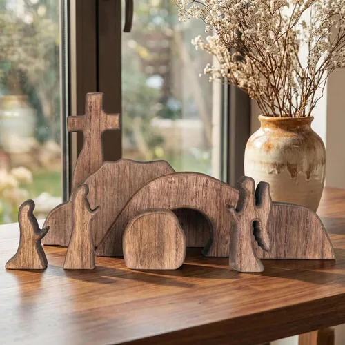 Miniatura 8 de IoF Adorno de escena de resurrección de Pascua, decoración de Pascua religiosa de madera, figuras de tumba vacía cristiana de madera, juego