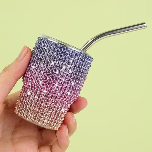 Miniatura 4 de INSTOME Vaso de Chupito Tumbler con Brillos de 3 oz - Mini Vasos con Incrustaciones de Pedrería con Pajitas, Brillo Tipo Diamante para Fiestas
