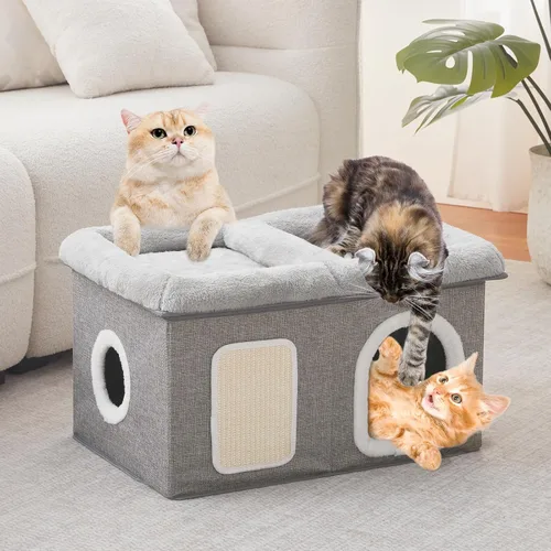 Miniatura 8 de WINDRACING Camas para gatos de interior - Casa extra amplia para mascotas y cama plegable para gatos con almohadilla para arañar, escondite