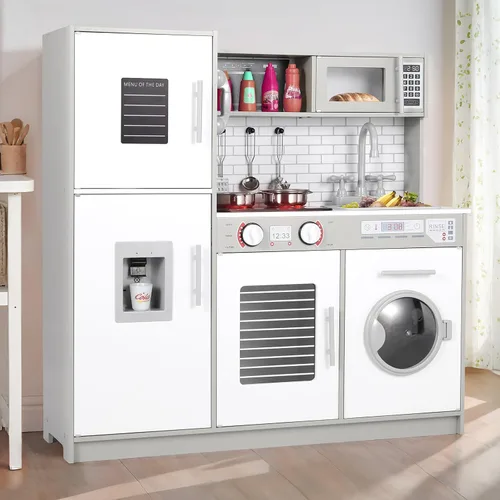 Arlopu Juego de cocina para niños, juego de juguetes de madera con diseño realista, sonidos de luces, ollas y utensilios para niños y niñas a partir