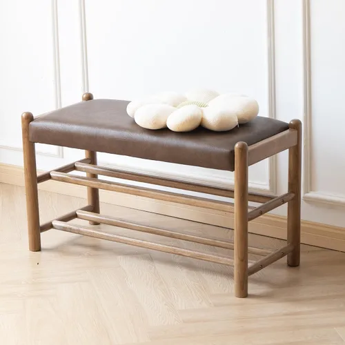 Miniatura 12 de Banco de madera maciza para entrada con almacenamiento para zapatos, diseño rústico en roble y tejido, 39.4 pulgadas de largo, asiento para sala