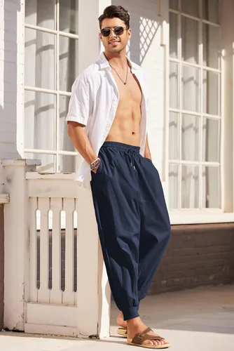 Miniatura 4 de COOFANDY Pantalones de harén hippie para hombre, holgados, de lino, bohemio, para yoga, casual, con entrepierna caída, pantalones