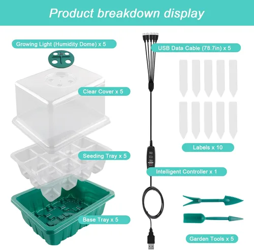 Miniatura 5 de Bandeja de inicio de semillas con luz de crecimiento, kit de inicio de germinación de plantas con cúpula de humedad y base para cultivo