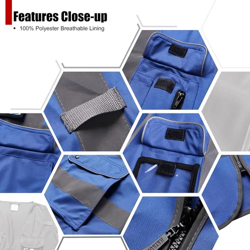 Miniatura 3 de Chalecos de seguridad retroreflectantes Clase 2 con 9 bolsillos y cremallera frontal ANSI/ISEA 107-2015 (azul-3, 2XL)