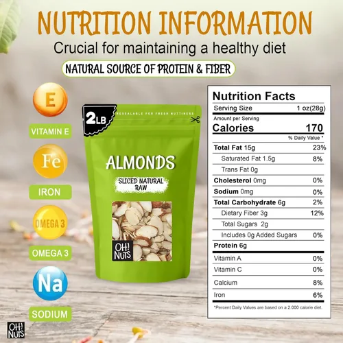 Miniatura 2 de Oh! Nuts Almendras naturales en rodajas – crudas – 100% naturales – 2 libras – Rebanadas de almendras altas en proteínas – Empaquetadas en bolsa