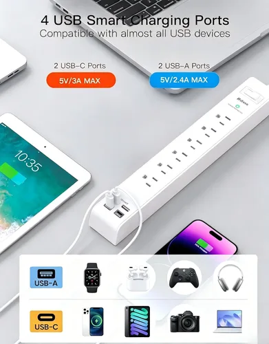 Miniatura 3 de 2 Pack Power Strip, Extension Cord 3FT, Surge Protector with 6 Outlets and 4 USB Ports (2 USB C), Flat Plug Overload Protection, Extension Cord with