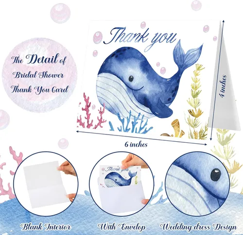 Miniatura 3 de Harloon 24 juegos de tarjetas de agradecimiento bajo el mar con sobres, ballena, tiburón y tortuga, notas de agradecimiento de acuarela oceánica