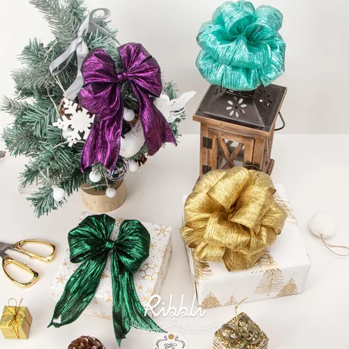 Miniatura 4 de Ribbli - Cinta de alambre ondulada verde bosque con borde metálico, cinta de Navidad verde bosque para guirnalda, coronas, moño de la parte