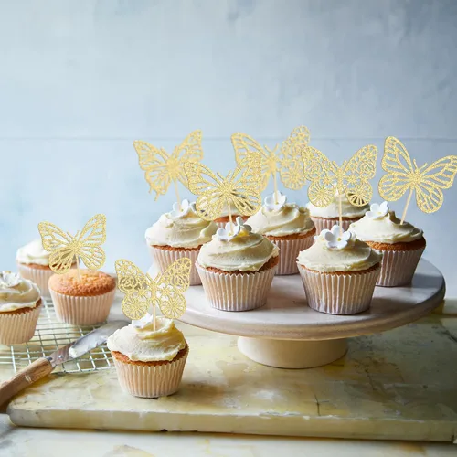 Miniatura 7 de Gyufise Paquete de 24 adornos de mariposa ensamblados con purpurina dorada, decoraciones de mariposa dorada, púas para cupcakes, bodas, 4-dorado