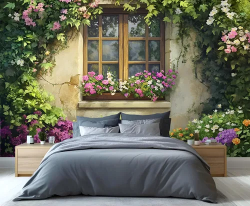 Miniatura 11 de Papel tapiz 3D de bicicleta rosa vintage, murales de flores de paisaje de primavera para sala de estar, pintura al óleo, papel tapiz rústico
