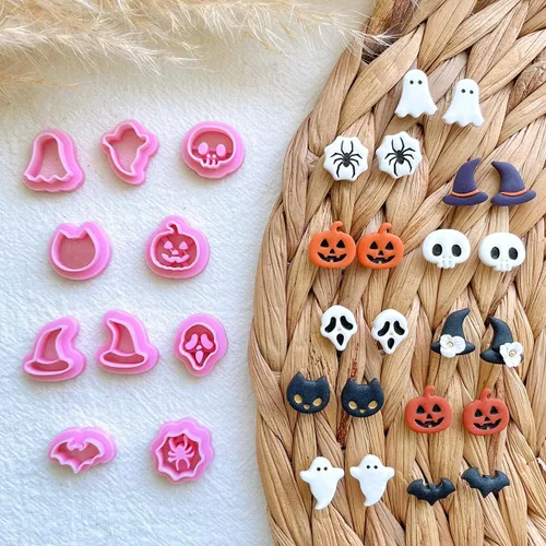 Miniatura 7 de KEOKER Cortadores de arcilla polimérica de Halloween, 10 formas para joyas, aretes, calabaza, tachuelas incluidas Cortadores de arcilla con tachuelas