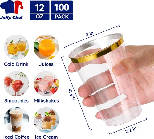 Miniatura 2 de JOLLY CHEF Paquete de 100 vasos de plástico desechables dorados, vasos de plástico transparente de 12 onzas, elegantes vasos desechables con borde