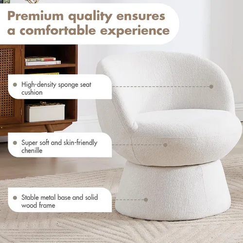 Miniatura 3 de Silla giratoria de 360° con respaldo curvo, moderna silla redonda tapizada de felpilla blanca, sillón tipo cubo para espacio pequeño, sala de estar