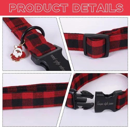 Miniatura 3 de Collar de perro de Navidad de Unique Style Paws con hebilla de plástico y colgante, a cuadros rojo y negro, collares de algodón para cachorros