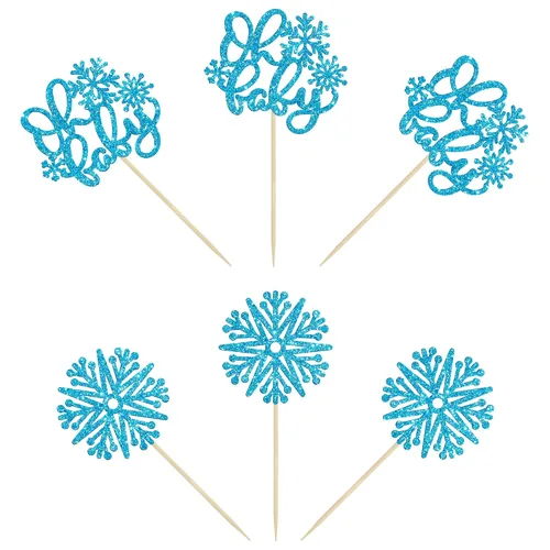 Miniatura 3 de Gyufise 24 adornos de copos de nieve Oh Baby para cupcakes con purpurina azul, decoración de pastel de baby shower congelado para baby shower