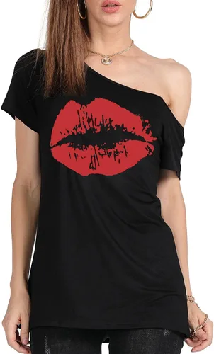Miniatura 51 de MAGICMK - Camiseta casual para mujer, con estampado de labios y hombro descubierto, talla extragrande