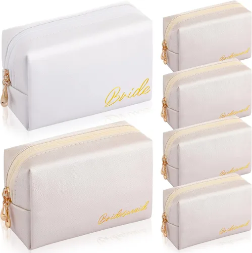 Miniatura 8 de Hillban 6 piezas de cuero sintético para novia, bolsa de maquillaje para cosméticos, dama de honor, impermeable, bolsa de viaje, bolsa de regalo