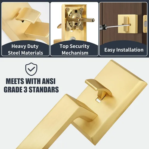 Miniatura 4 de Juego de manijas de puerta delantera de color dorado cepillado, juego de cerradura de puerta exterior con cerrojo de un solo cilindro, reversible