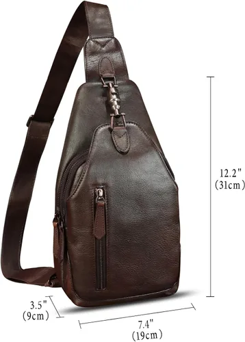 Miniatura 5 de Bolso de cuero genuino para mujeres y hombres, mochila bandolera de cuero real para el hombro, bolso cruzado en el pecho, Café