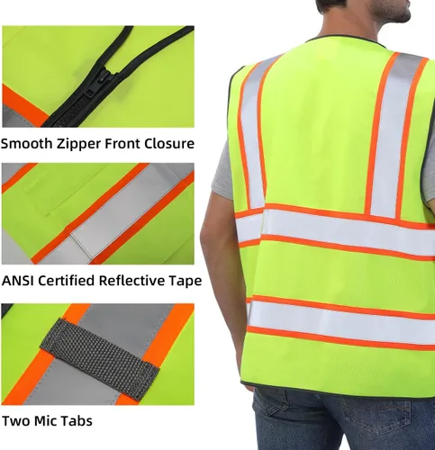 Miniatura 3 de Dib Safety Chaleco reflectante de alta visibilidad en dos tonos con bolsillos y cremallera, cumple con ANSI Clase 2, amarillo con ribete naranja, XL