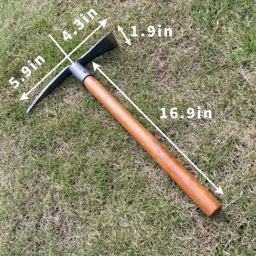Miniatura 7 de Juego de 2 palillos de jardín de 19.6 pulgadas, juego de herramientas de azada de mano de 2 puntas, herramienta de jardín con mango de madera