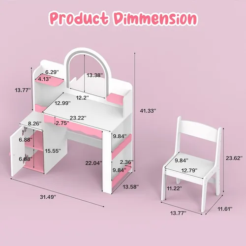 Miniatura 2 de Juego de tocador para niños con luces y sillas, mesa de tocador de princesa para niñas, tocador de maquillaje para niños pequeños con espejo LED