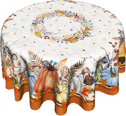 Miniatura 9 de Giwawa Mantel redondo de calabaza de otoño de 60 pulgadas, lavable, tela de poliéster impermeable, decorativo, para fiestas en el hogar