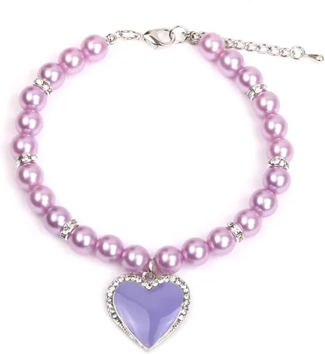 Miniatura 10 de Collar de perlas de perro y gato con diamantes de imitación, dije de corazón con dije de corazón para mascotas y cachorros (S, rosa)