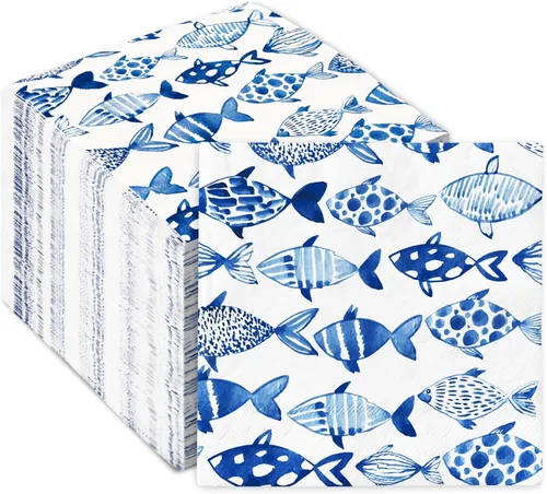 80 servilletas de papel de pescado, acuarela, mar, océano, almuerzo, servilletas decorativas azules para cena de mano, para fiesta de pesca, hogar,