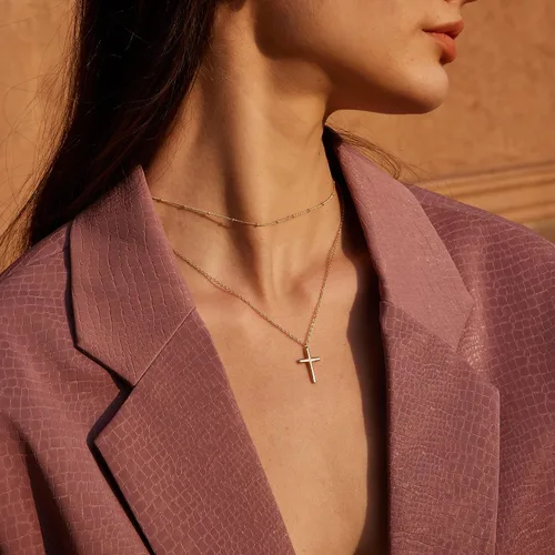 Miniatura 3 de Valloey Rover Collar de cruz de oro para mujer, collar de cadena chapado en oro de 14 quilates, collar con dije de cruz de oro, collar simple