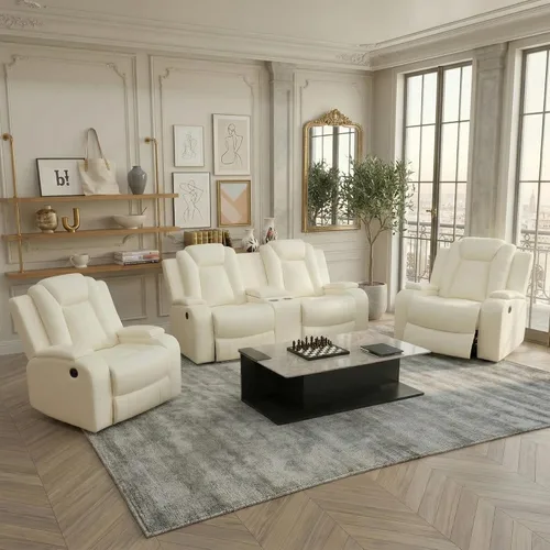 Miniatura 14 de Juego de sofá reclinable eléctrico, sofá reclinable de cuero de aire con LED/portavasos/almacenamiento, 2 muebles de sala de estar, sofá de cuero