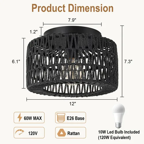 Miniatura 8 de SineRise Lámparas de techo de ratán (30 cm, bombilla LED incluida), lámpara de techo de montaje empotrado tejida a mano estilo bohemio, lámpara