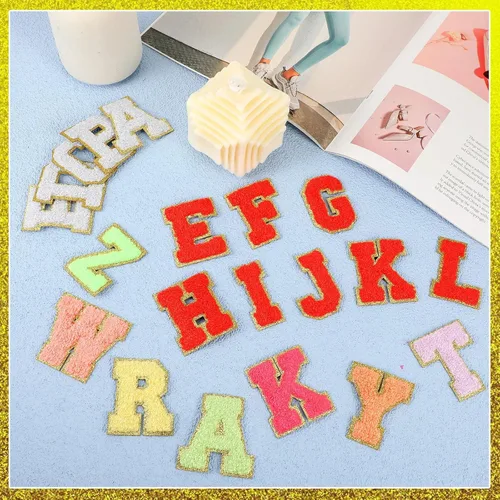 Miniatura 5 de 234 parches autoadhesivos de letras de felpilla de 2.56 pulgadas, borde dorado con purpurina bordada para tela, reparación de ropa, decoración