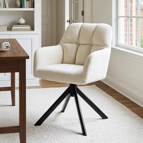 EALSON Cómoda silla de escritorio de terciopelo moderna para computadora, sin ruedas, silla giratoria con brazo de respaldo medio para sala de Blanco