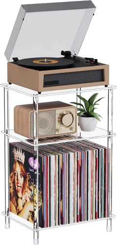 Soporte para tocadiscos de acrílico transparente con almacenamiento de vinilo, 15.75 pulgadas de largo x 11.81 pulgadas de ancho x 24.5 pulgadas de