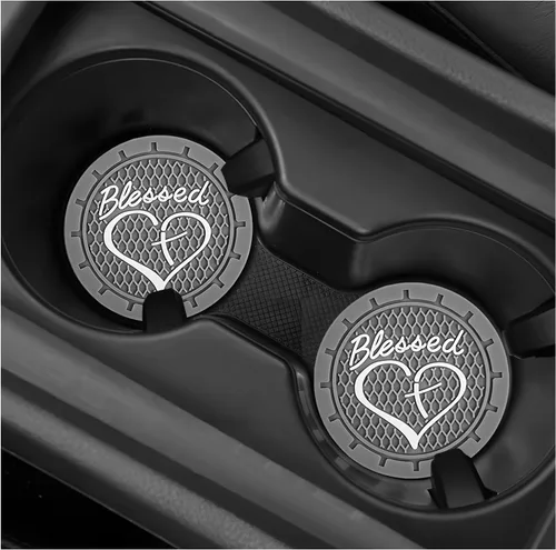 Miniatura 7 de 2 piezas posavasos para portavasos de automóvil, 2.76 pulgadas, PVC suave antideslizante, cruz bendita y corazón, posavasos cristianos para Negro