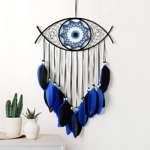 Dremisland Atrapasueños de mal de ojo, atrapasueños azul y negro, hecho a mano, plumas de mal de ojo, adorno colgante de pared, decoración del hogar