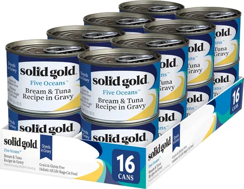 Miniatura 20 de Solid Gold comida húmeda para gatos desmenuzada con salsa - Alimento enlatado para gatos hecho con atún real y caballa - Sin granos de los Cinco