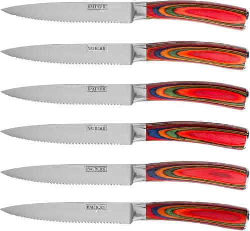 Baltique Marrakesh Collection - Juego de 6 cuchillos de cocina de acero inoxidable de 5 pulgadas con asas de madera coloridas para cortar carne
