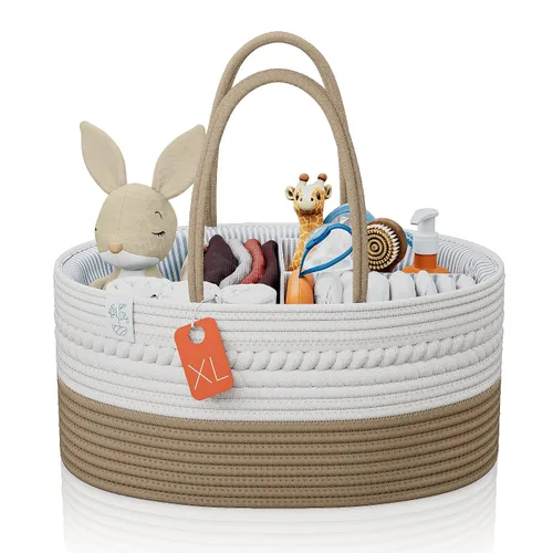 Miniatura 13 de KiddyCare Organizador de pañales tejido, canasta portátil multifuncional grande de color gris con asa, regalo de bebé para niño/niña, almacenamiento