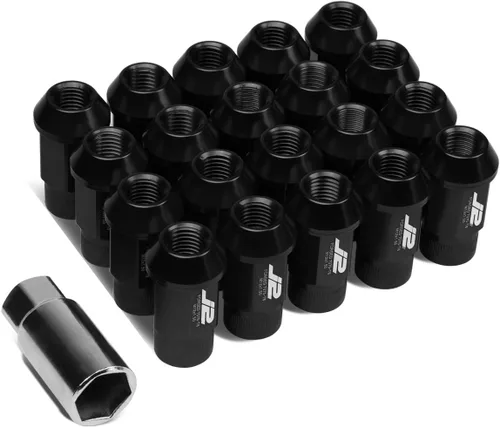 J2 Engineering 20 piezas de tuercas de aluminio 7075 de extremo abierto M12 x 1,5 con adaptador de zócalo, negro, para asiento cónico,