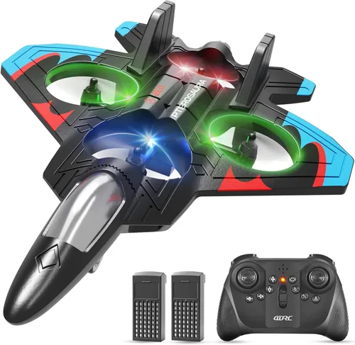 Avión RC para niños y adultos, aviones de espuma con control remoto de aviones de combate con 2 baterías, giro de 360°, luz LED, rollo de Azul