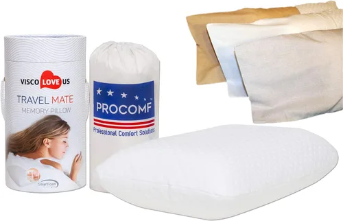 ProComf - Almohada de espuma viscoelástica para viaje y campamento, bebé, niño, adolescente, adulto (blanco nieve con fundas)