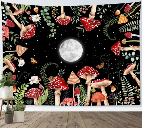 Miniatura 14 de HVEST Tapiz retro rojo de hongos para colgar en la pared, diseño floral rosa con fresa y mariposa en beige, tapiz para dormitorio, flores, plantas