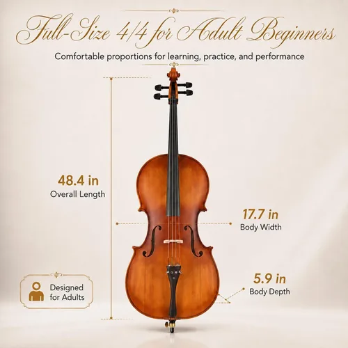 Miniatura 5 de Kit de violonchelo acústico 4/4 para adultos, principiantes, juego completo de violonchelo de tamaño completo con bolsa portátil, arco, colofonia