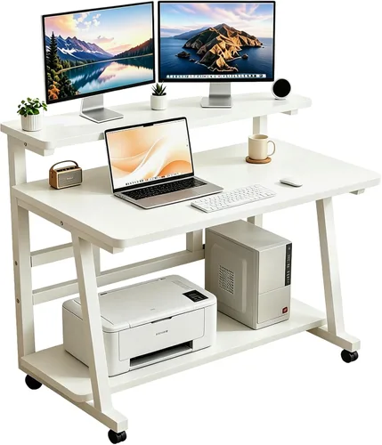 Miniatura 12 de Escritorio compacto de 31.5 pulgadas para computadora con mesa de trabajo de niveles y ruedas con bloqueo, escritorio pequeño para dormitorio