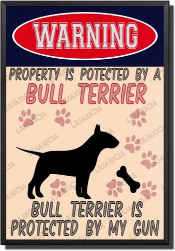 Miniatura 24 de LIUAXICIA Letreros divertidos de metal con texto en inglés "Warning Property is Potected by A American Bulldog is Protected by My Gun" The Coffee