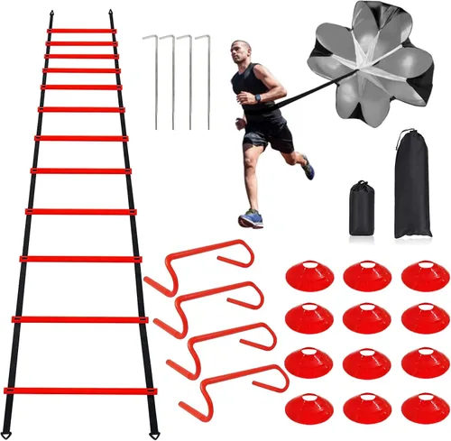 Miniatura 9 de YEXEXINM Escalera de agilidad profesional de entrenamiento de velocidad, escalera de agilidad de 20 pies, 12 conos de fútbol, 4 obstáculos de Azul